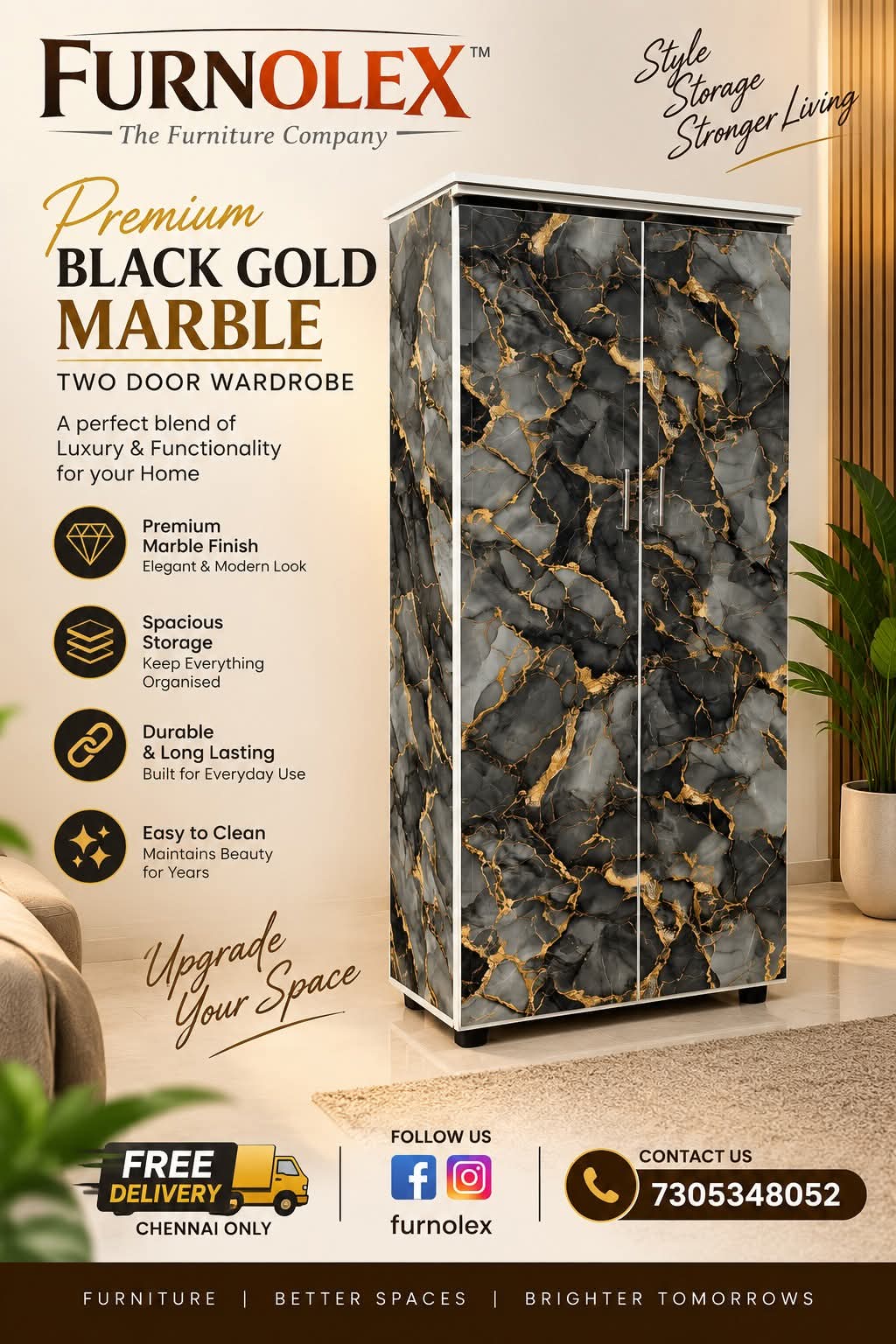 2 DOOR BLACK GOLD MARBLE WARDROBE